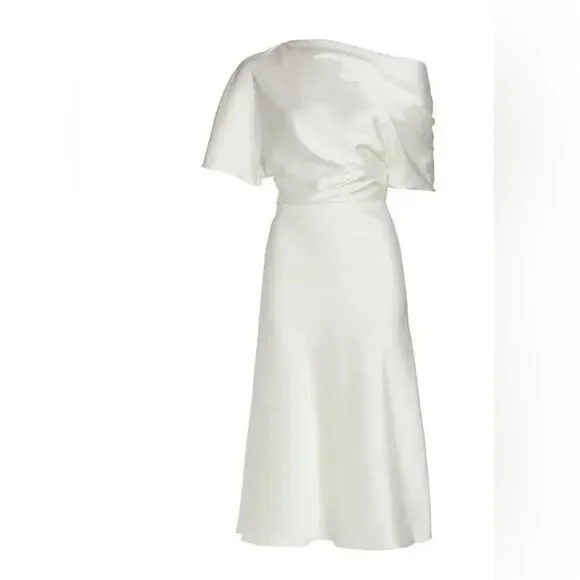Amsale Draped Lustrous Satin One-Shoulder Midi-Dress In Color Ivory Size 6